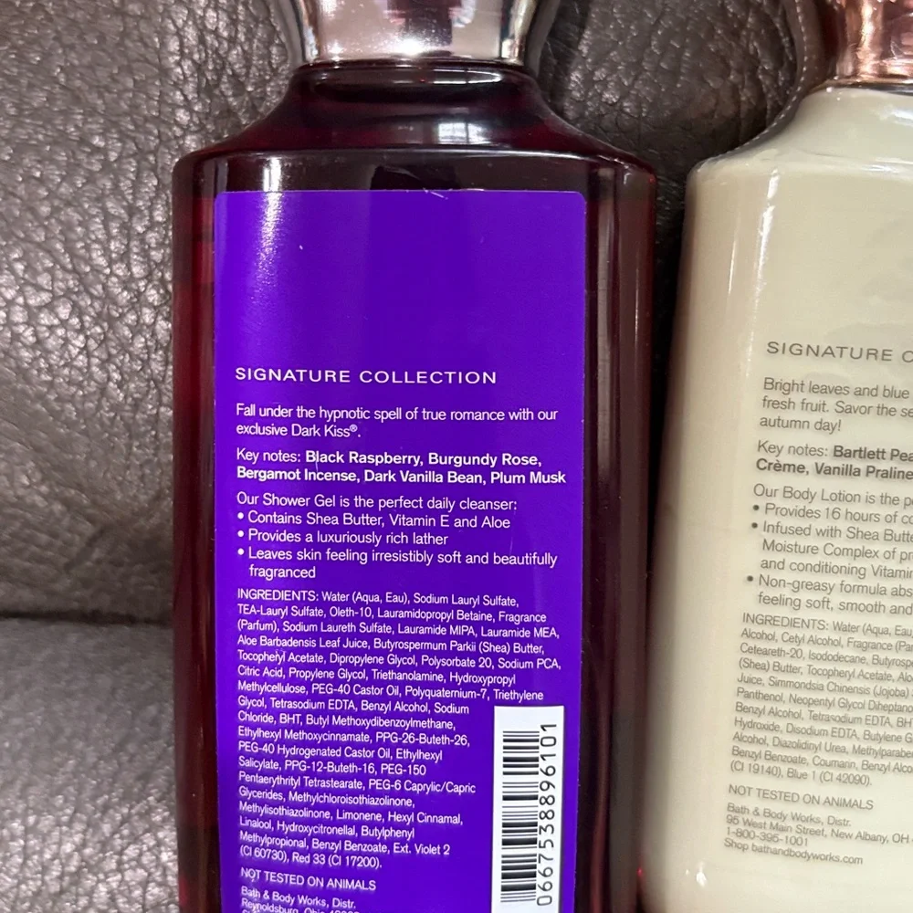 Bath and body body care set in dark kiss and golden pear and brown sugar